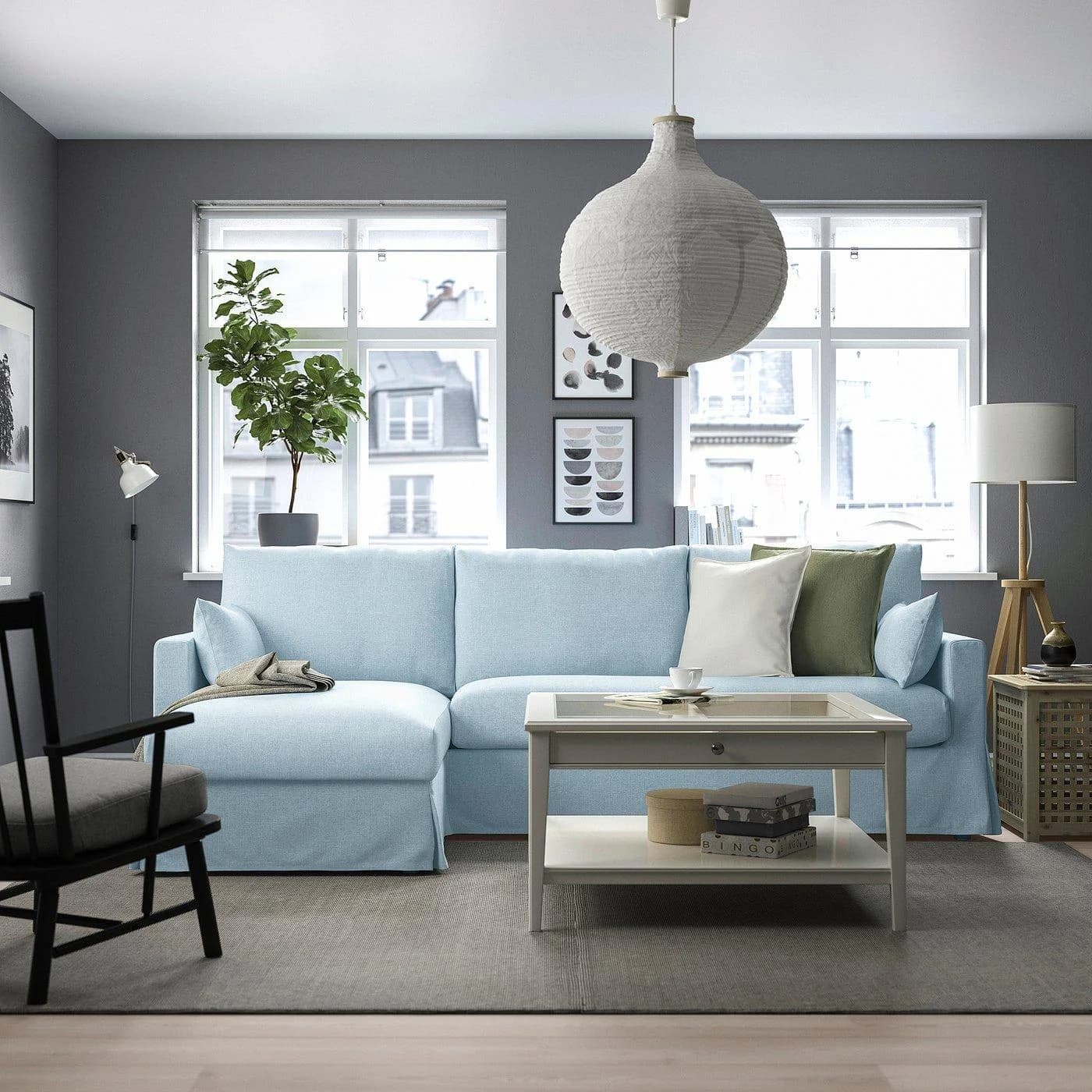 IKEA HYLTARP 3er-Sofa mit Récamiere links Blassblau