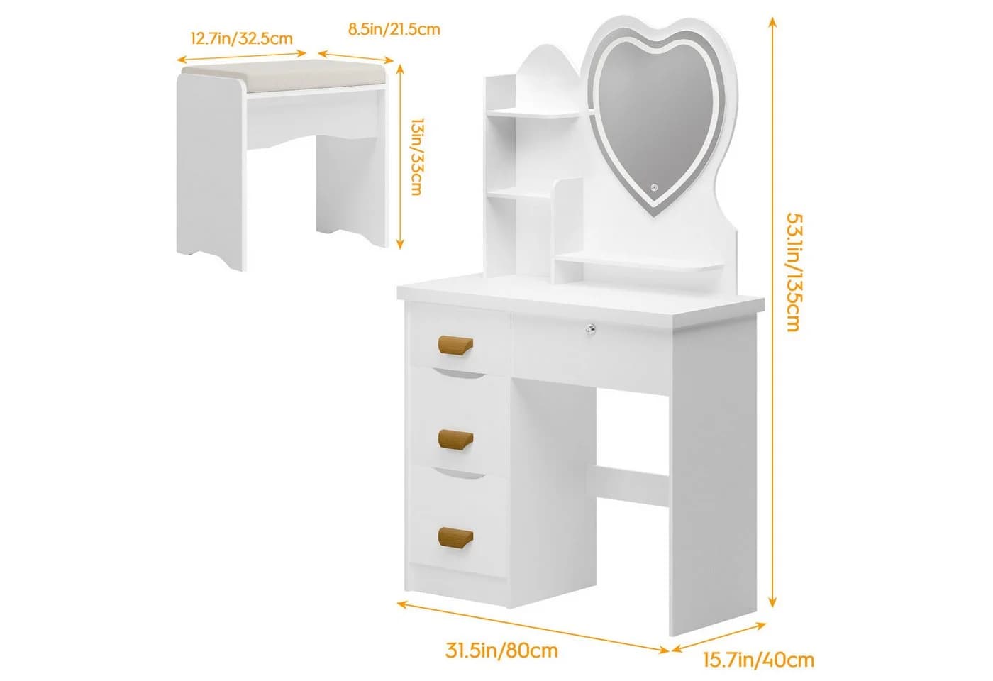 Rutaqian Schminktisch mit LED Herzspiegel, 4 Schubladen & Hocker