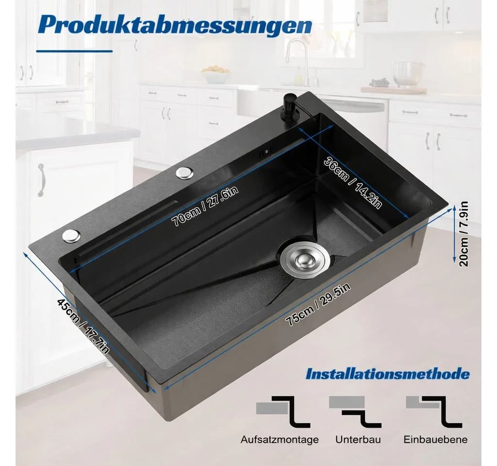 Rutaqian Einbauspüle Edelstahl 75cm mit Nano-Beschichtung & Workstation