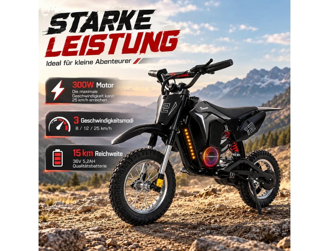 EVERCROSS TECH Elektro-Kindermotorrad 300W 36V Schwarz