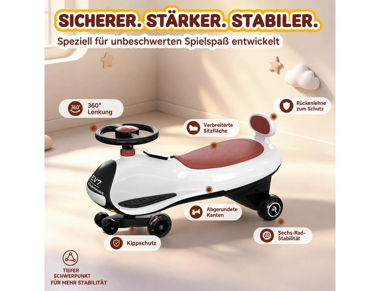 EVERCROSS TECH Elektro-Kinderauto EV7 Weiß mit Bluetooth & LED