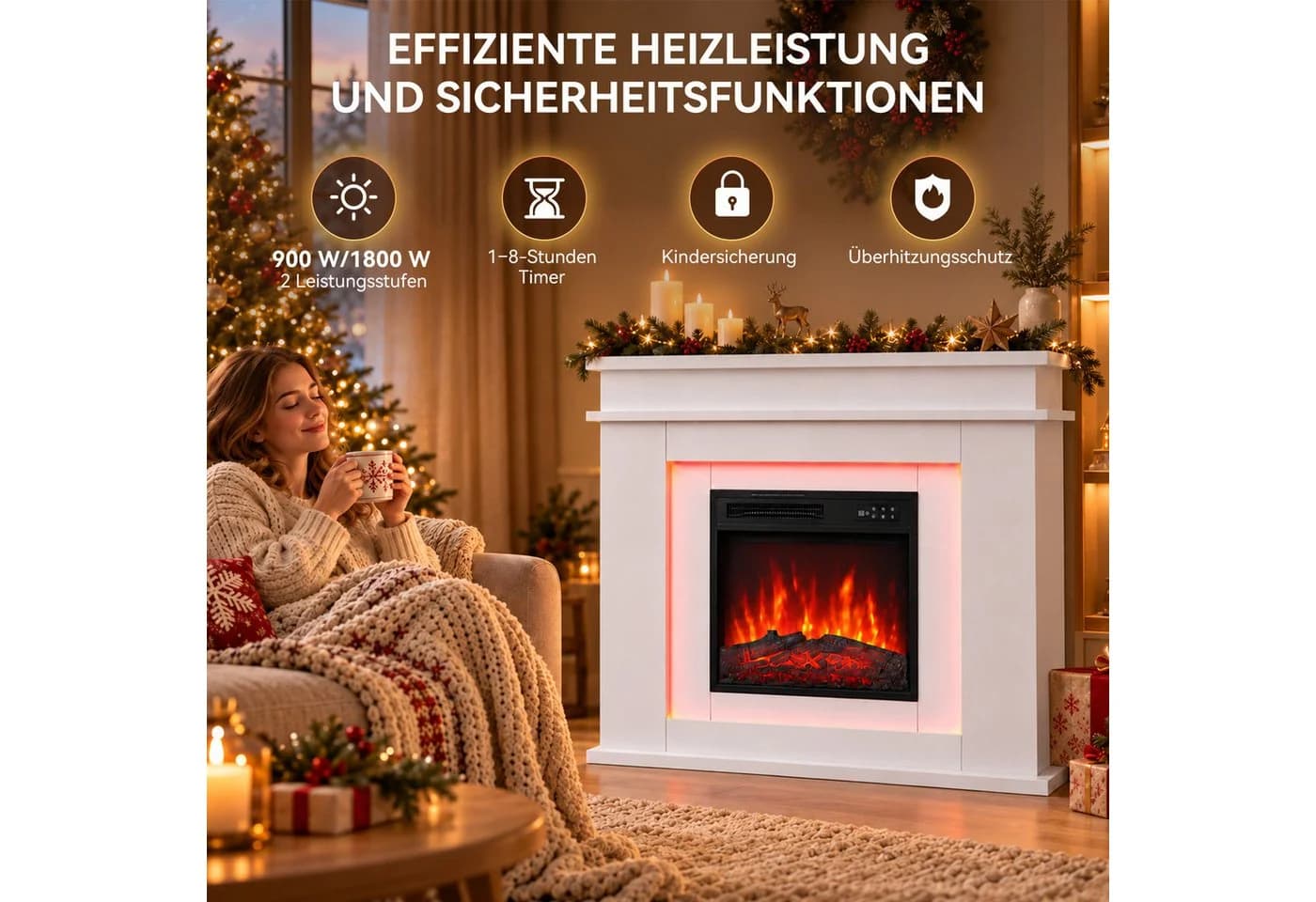 HOMAVO Elektrokamin mit Schrank 900/1800 W 3D-Flammeneffekt LED-Beleuchtung