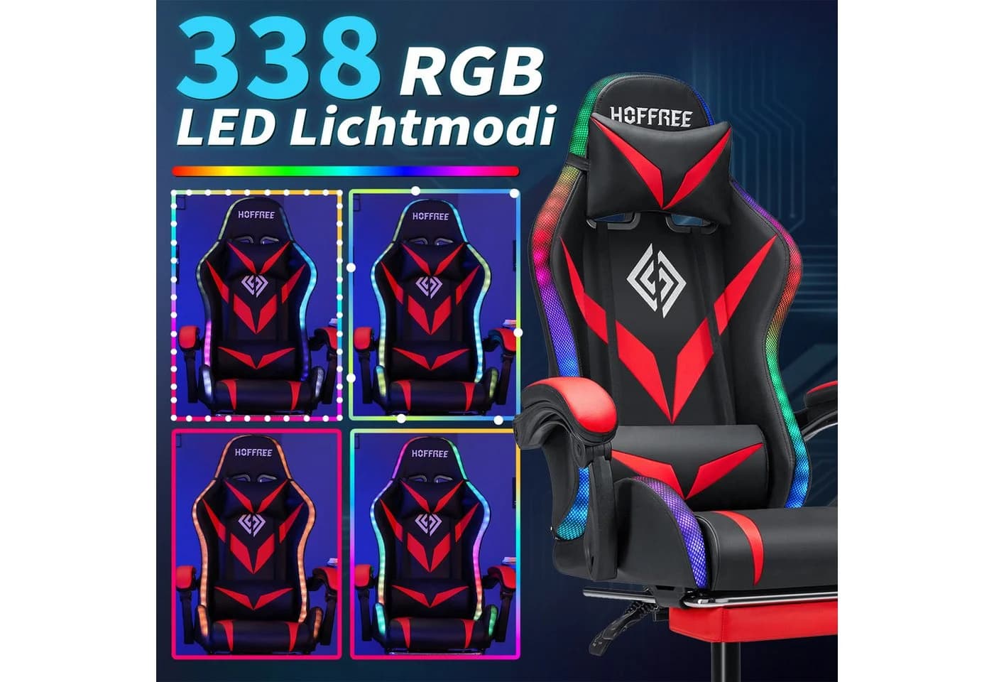 AUDEW Gaming-Stuhl 338 LED RGB Ergonomisch Bürostuhl mit Fußstütze