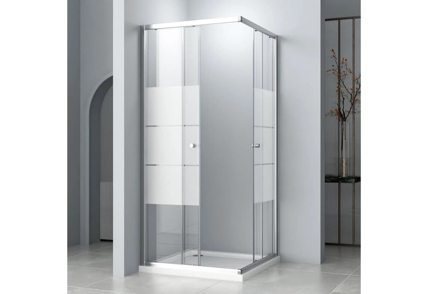 Hopibath Eckdusche Schiebetür Milchglas 5mm Sicherheitsglas Alurahmen Chrom