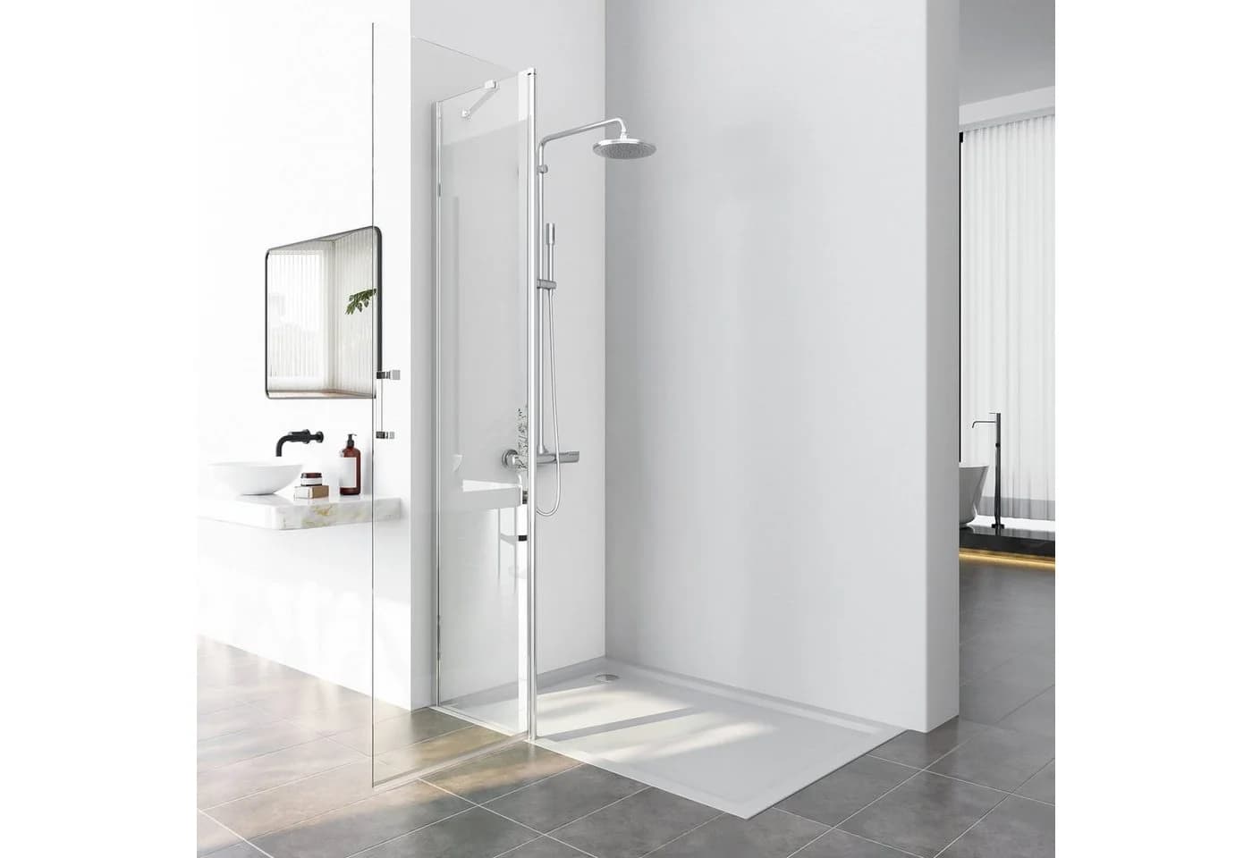 GOEZES Walk-in-Duschwand Glas mit Nano-Beschichtung Silber