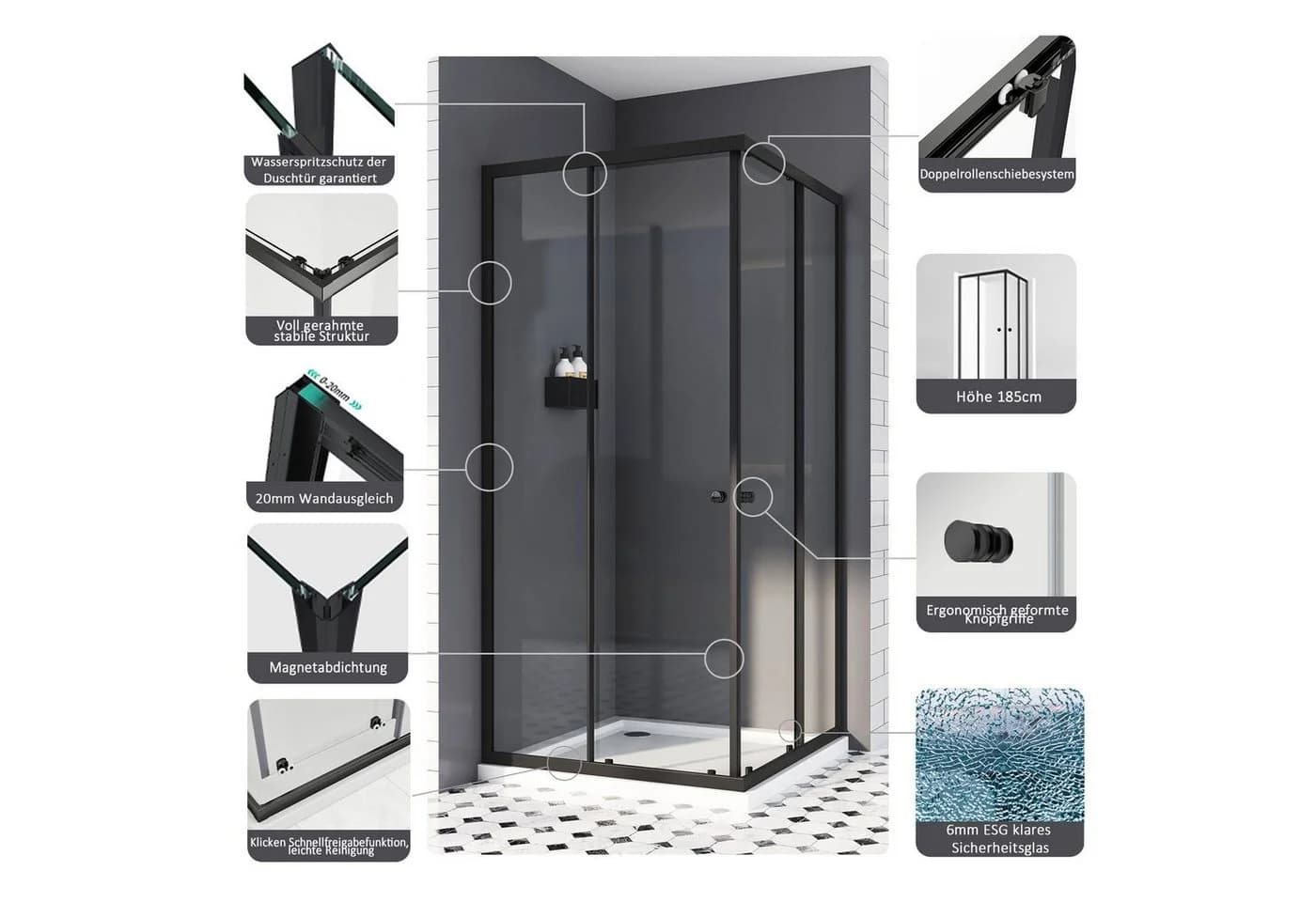 Boromal Eckdusche 90x90 Schiebetür Schwarz Chrom ESG Glas