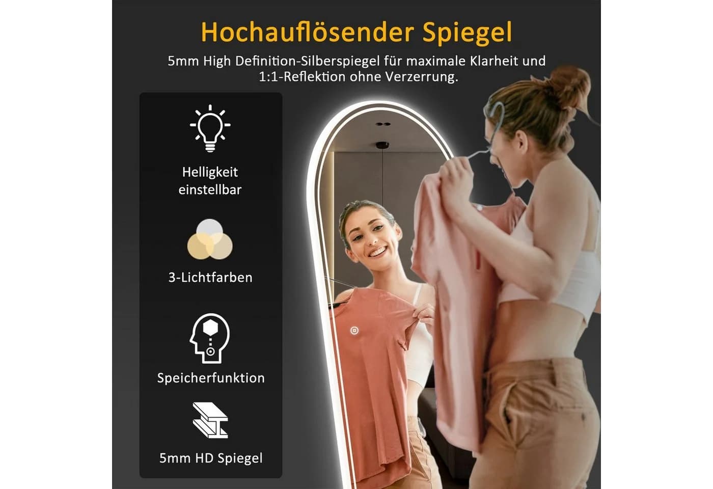 WDWRITTI LED Wandspiegel mit beleuchtung Spiegel Led groß 150x50 140x40 3Lichtfarben Dimmbar