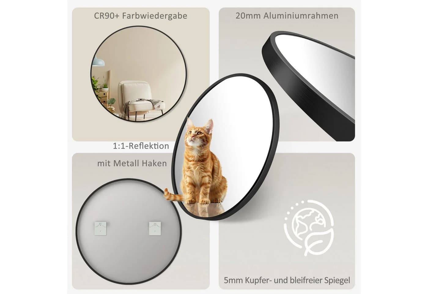 Hopibath Spiegel Schwarz Rund 40-80cm Alurahmen Umweltschutz
