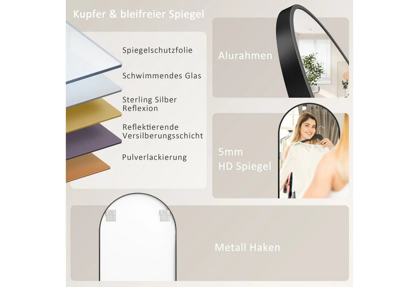 Hopibath Wandspiegel Rundbogen Aluminium Schwarz