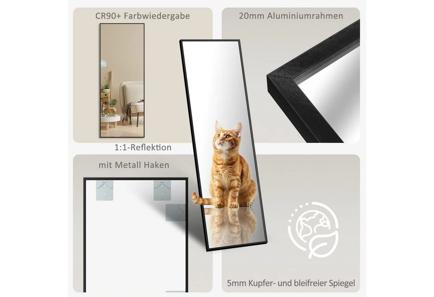 Hopibath Wandspiegel Ganzkörper Schwarz Aluminium