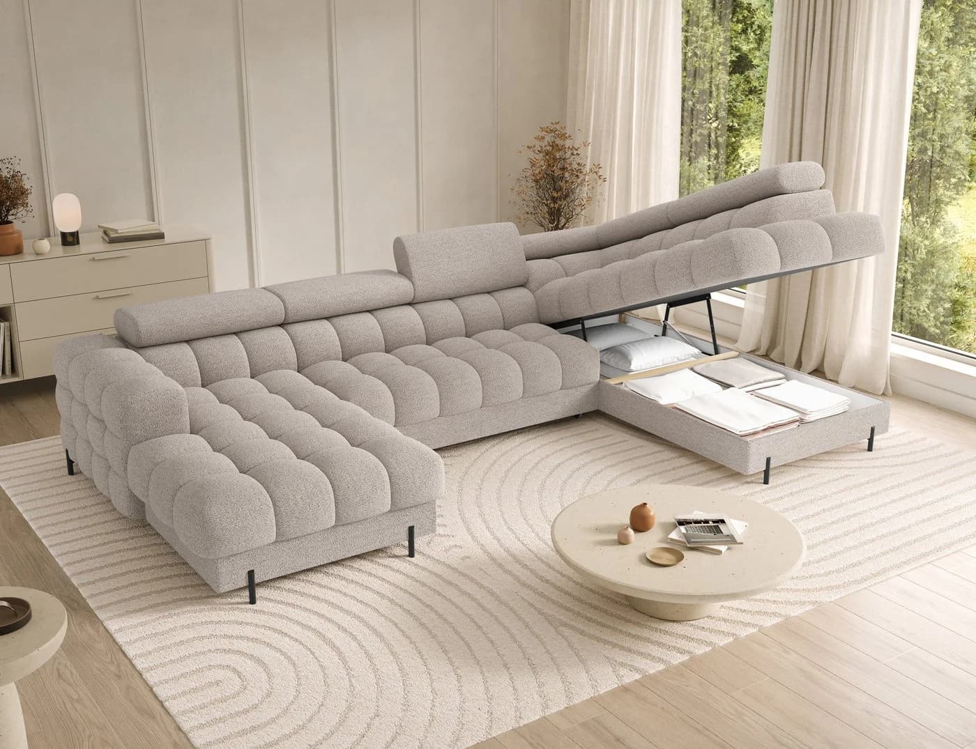Lukas Möbel Wohnlandschaft Falco XXL-Sofa U-Form Beige mit Schlaffunktion
