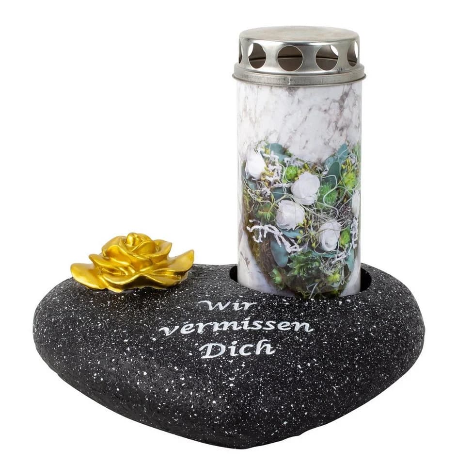 MF Grabkerze Grabherz Schwarz-Gold mit Rosenverzierung