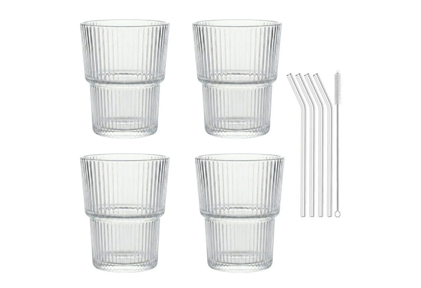 mixed24 Gläser-Set 4er Set Geriffelte Gläser 350ml inkl. Glashalm