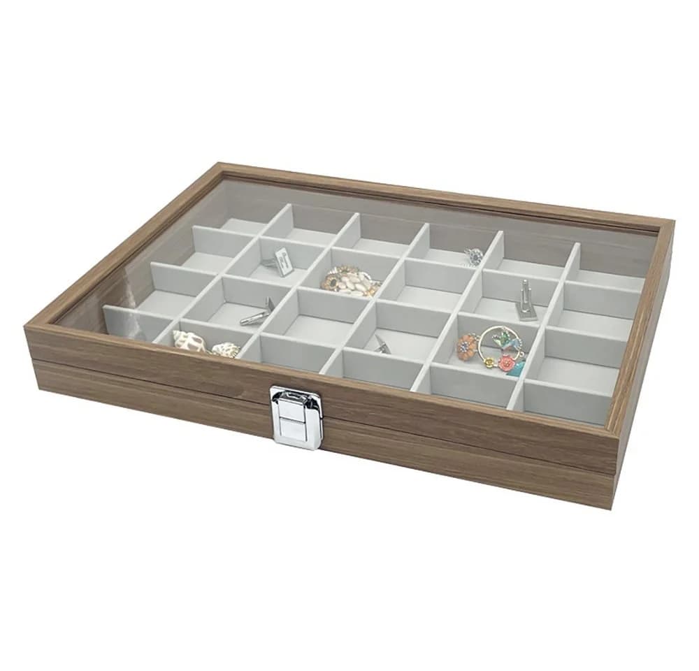 mixed24 Schmuckkasten Holz 24 Fächer mit Echtglas-Deckel
