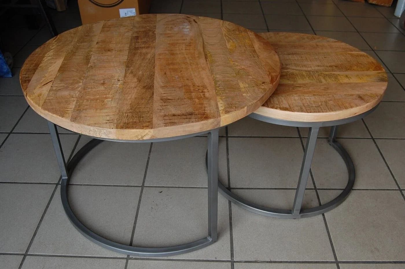 Couchcenter Couchtisch 2er Set Mangoholz Metall Silber-Grau