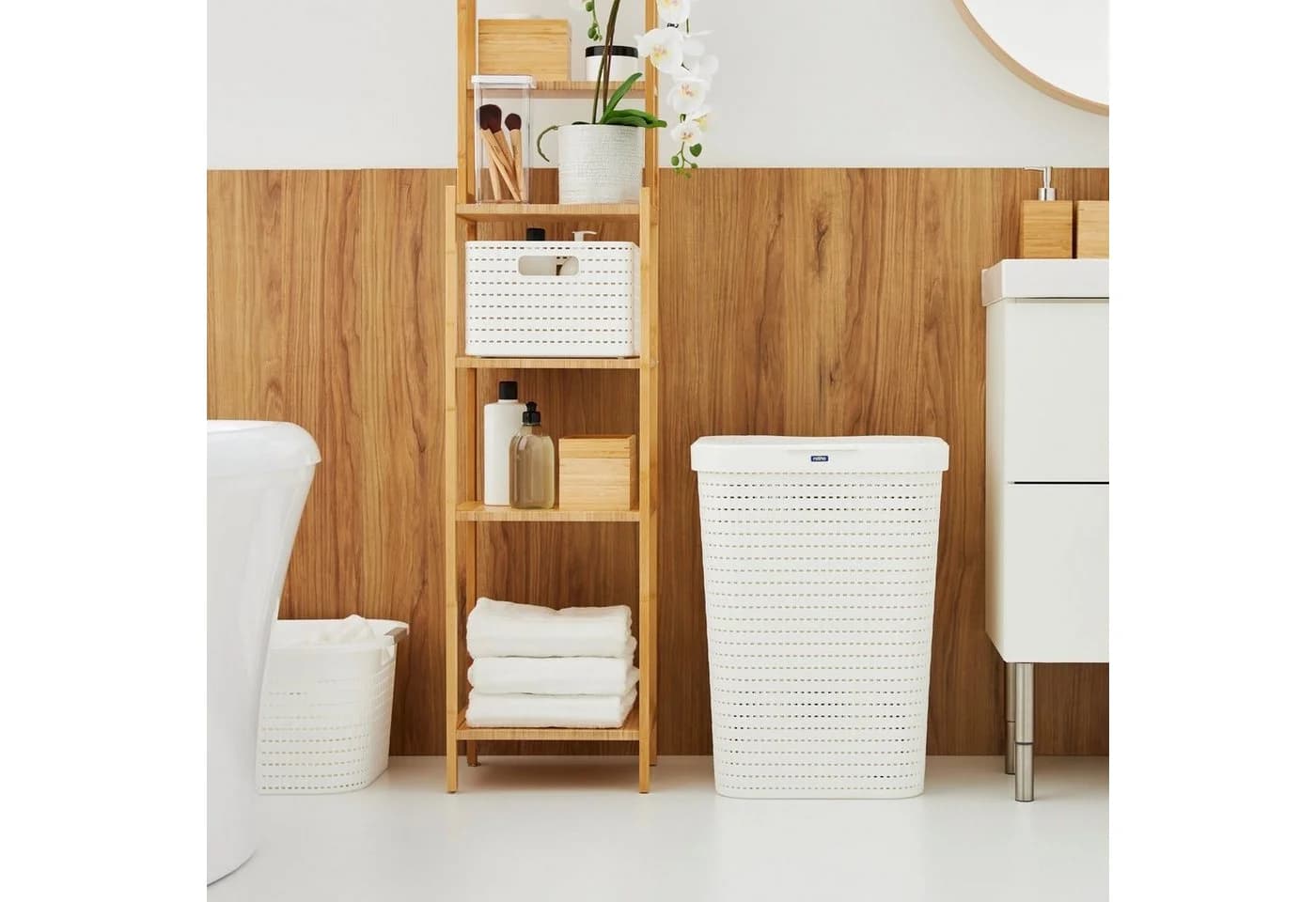 ROTHO Wäschekorb Country Set 2tlg. Weiß Kunststoff Rattan-Optik