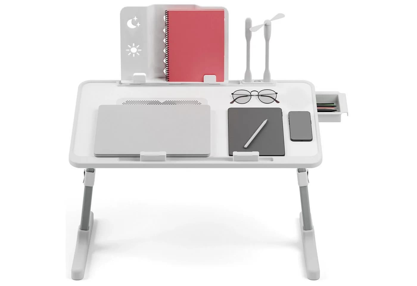Rutaqian Verstellbarer Laptoptisch mit Lüfter und Schublade Weiß