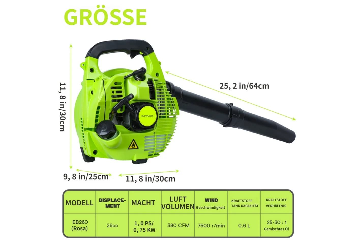 Rutaqian Benzin-Laubbläser 26cc 2-Takt Motor Grün
