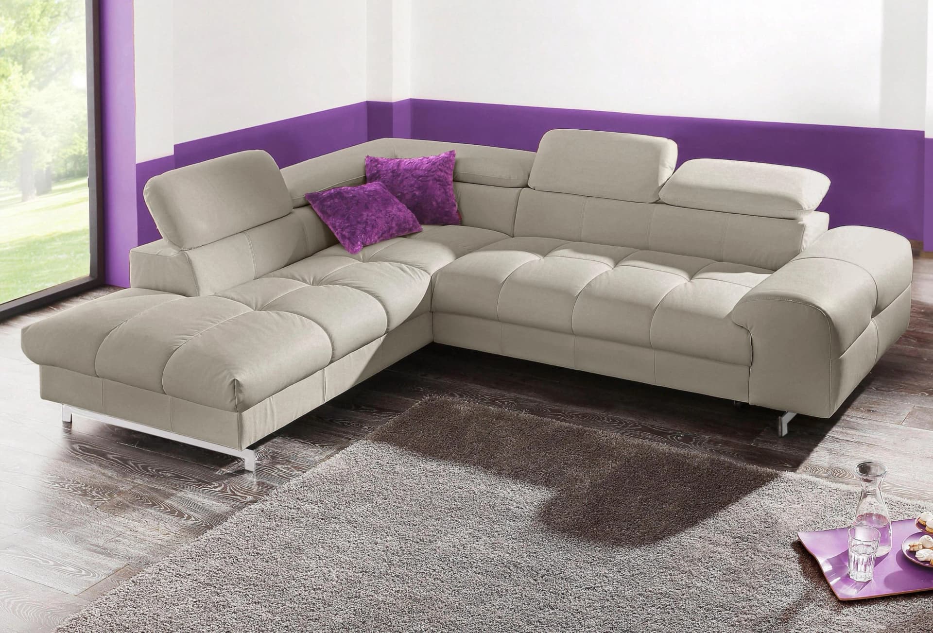 COTTA Ecksofa L-Form grau mit Kopfteilverstellung & Hocker