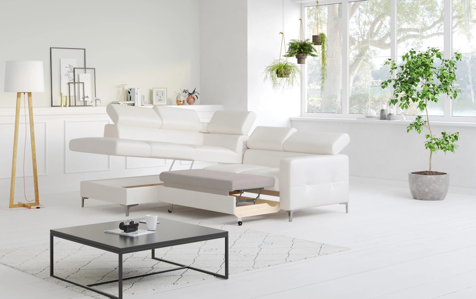 COTTA Ecksofa Sammy L-Form Weiß mit Bettfunktion und Kopfteilverstellung