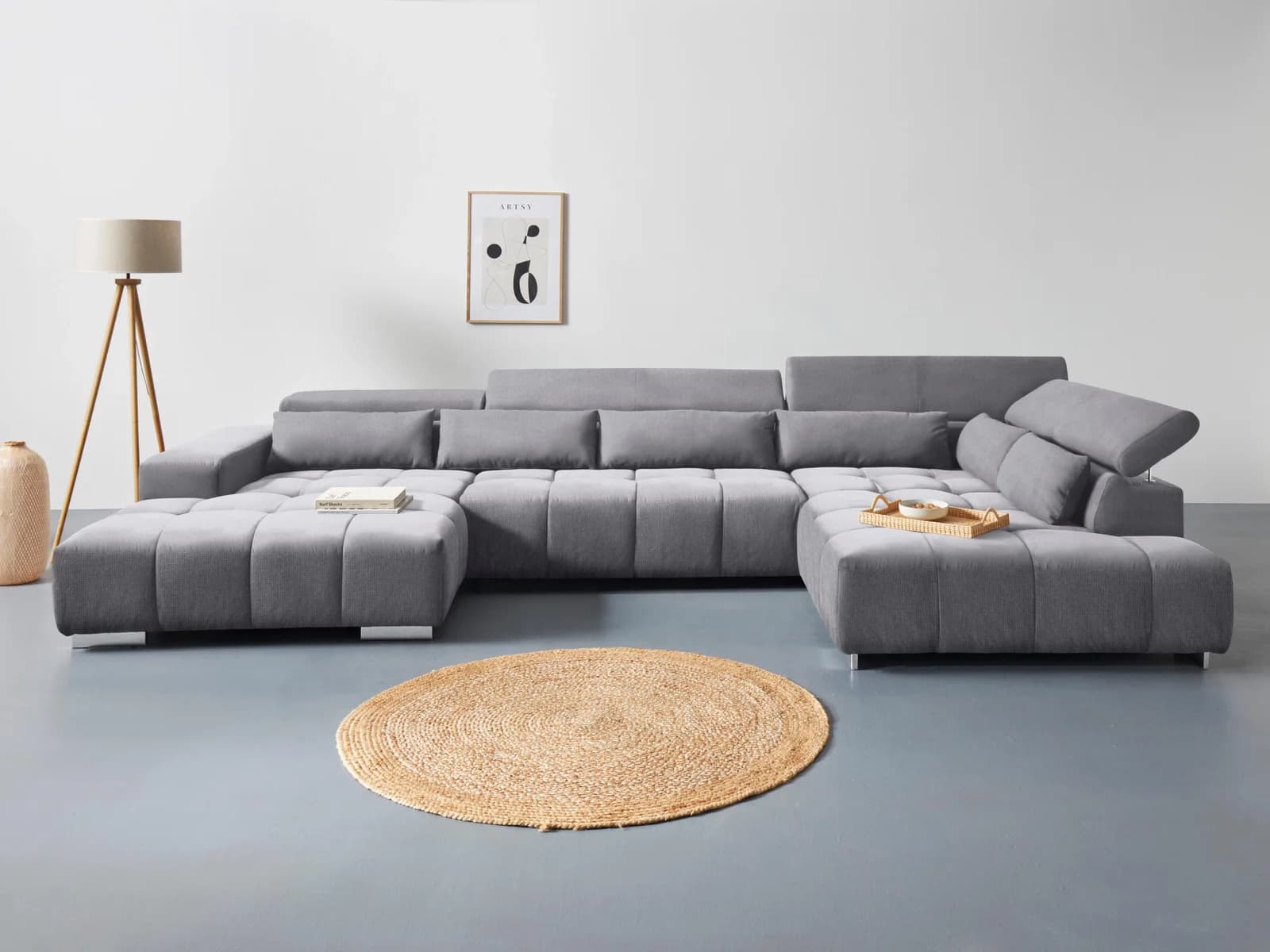 COTTA Wohnlandschaft Orion U-Form Grau mit Kopfteilverstellung