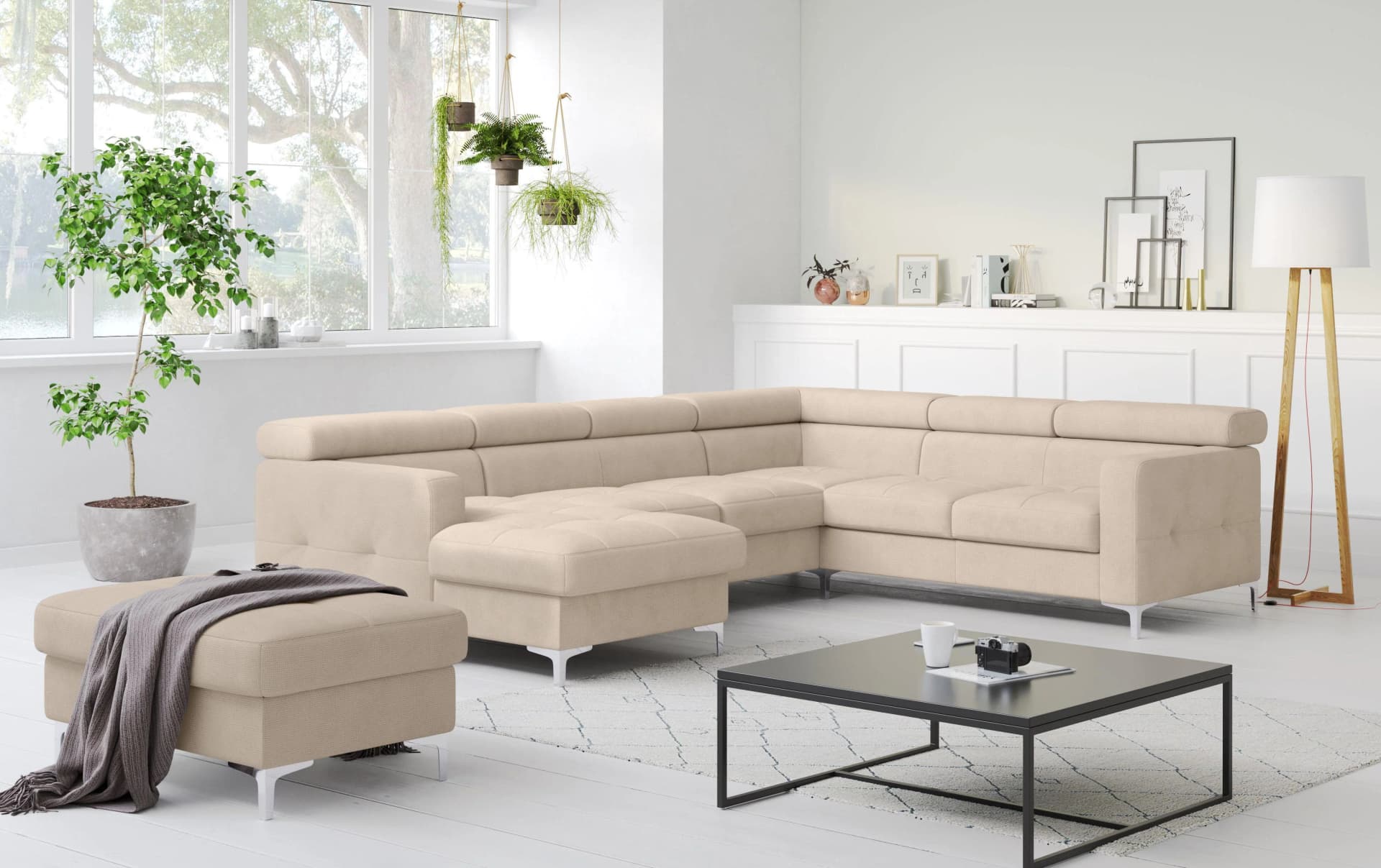 COTTA Wohnlandschaft Sammy U-Form Beige NaturLEDER mit Bettfunktion
