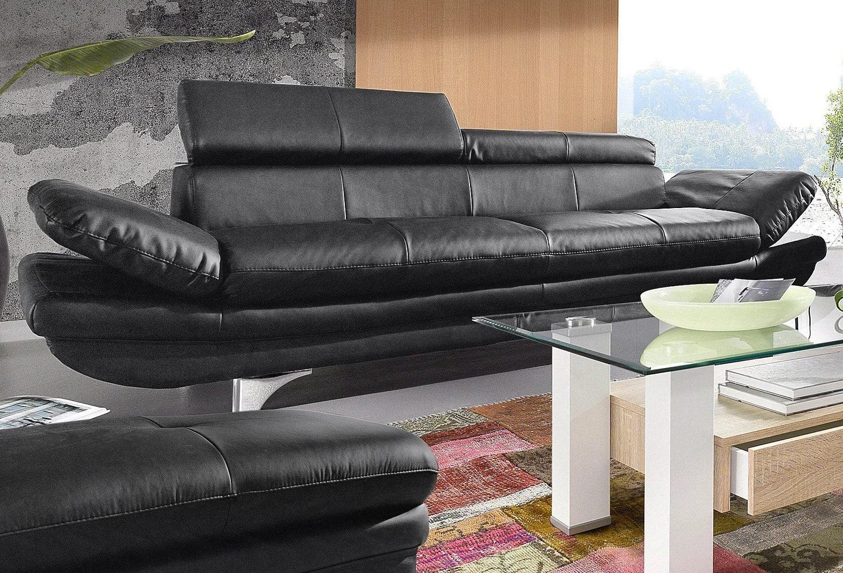 COTTA Polstergarnitur Enterprise 3-Sitzer Schwarz Leder PAMPAS mit Hocker