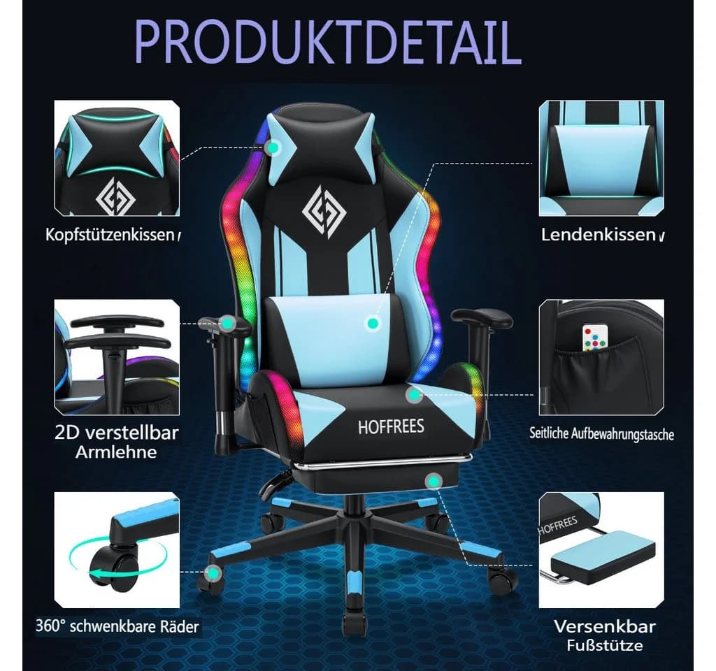 Hoffree Gaming-Stuhl Ergonomisch PC Gamer Stuhl, Schreibtischstuhl für Kinder Teenager (mit Fußstütze, Lendenstützkissen, Kopfstütze, 338 dynamische Lichteffekte), höhenverstellbar, bis 159kg