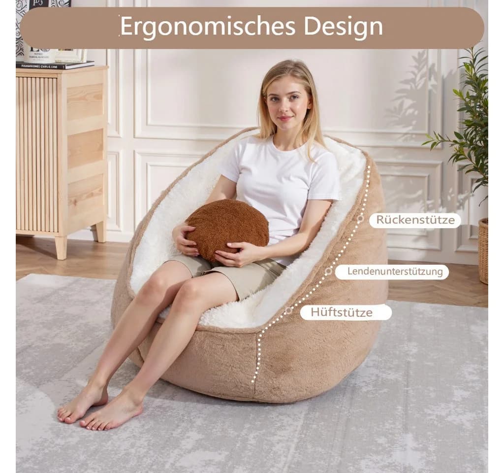 Insma Sitzsack Beanbag Sessel mit Rückenlehne Kunstfell Braun