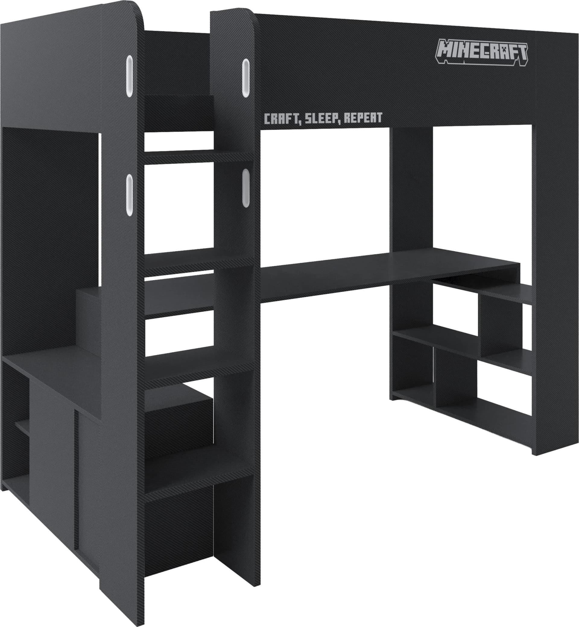 Phoenix Hochbett Minecraft Schwarz mit Schreibtisch & RGB-LED