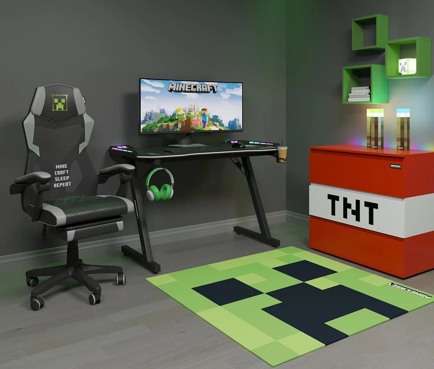 Minecraft Gamingtisch mit LED - Carbonoptik, Minecraft Print, Metallgestell