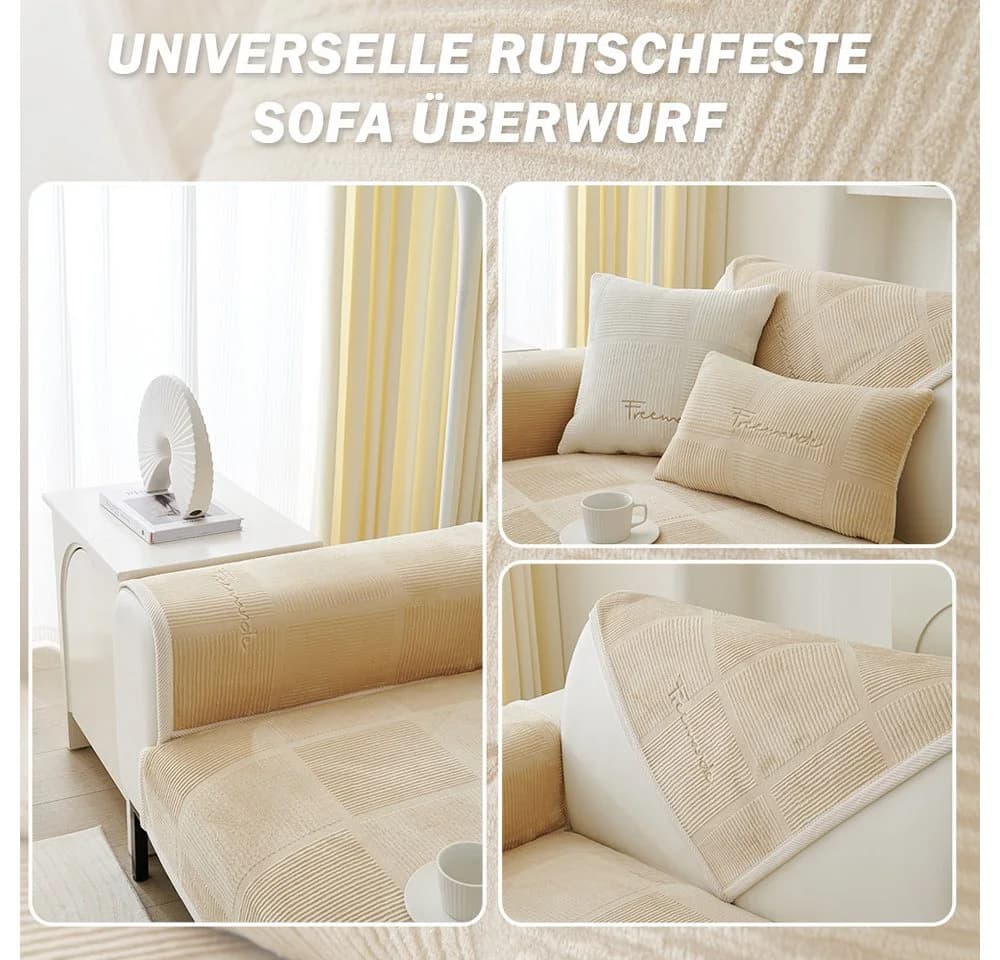 TUWENA Sofaüberzug Plüsch rutschfest L-Form beige/grau