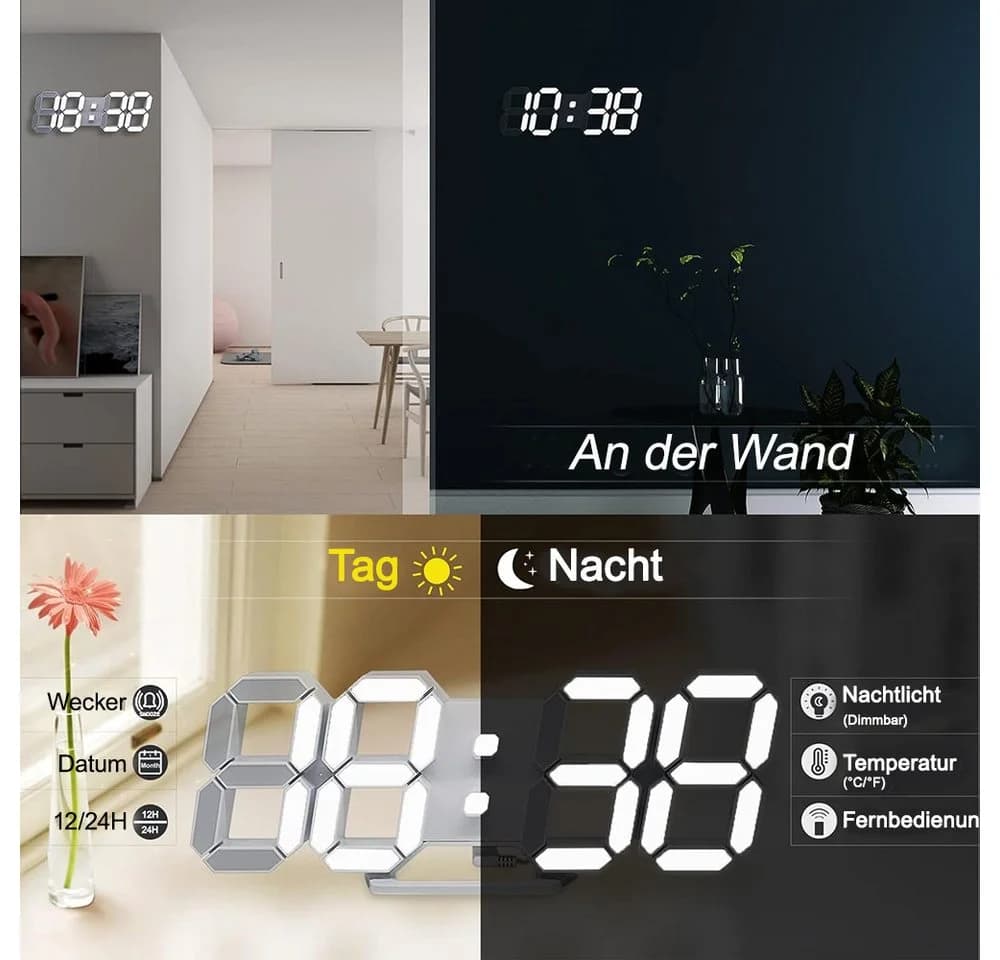 TUWENA Wanduhr 3D LED Digitaluhr Weiß Dimmbar