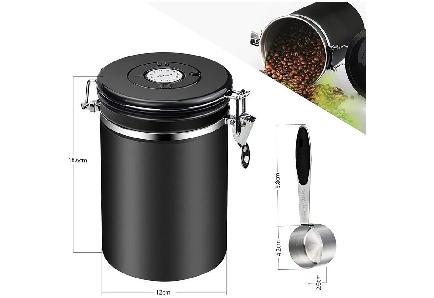 AFKSMILE Edelstahl Kaffeebehälter 2800ml Schwarz mit CO₂-Ventil
