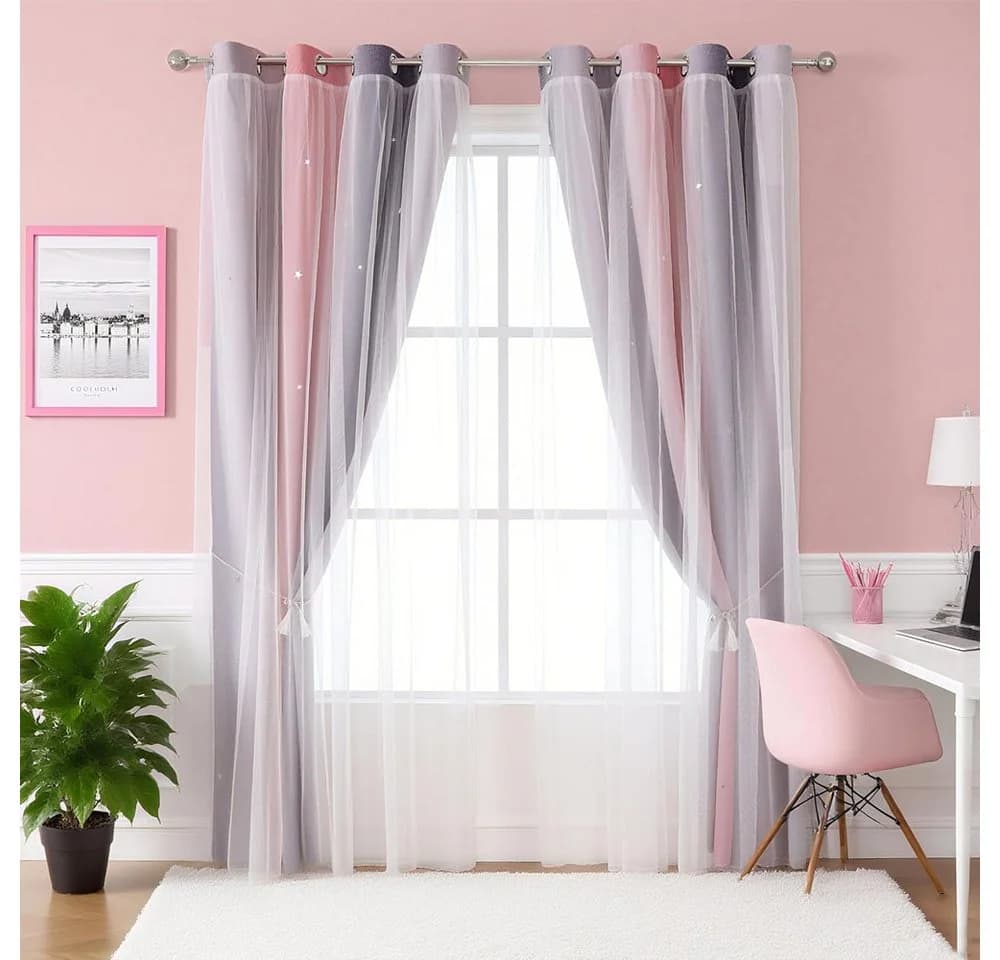 TUWENA Verdunkelungsvorhang 2er Set Sternen-Motiv Rosa Grau Lila Polyester