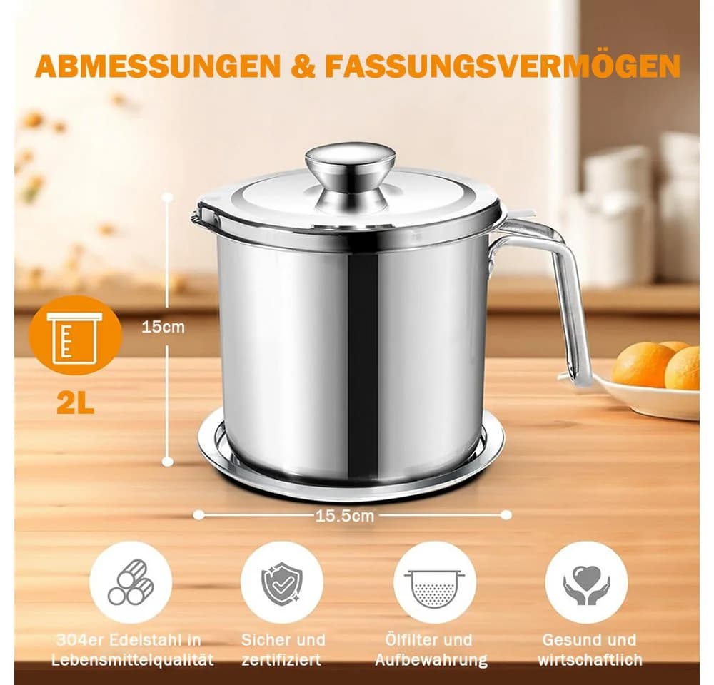 AFKSMILE Fetttrennkanne Edelstahl 2L mit Sieb und staubdichtem Deckel