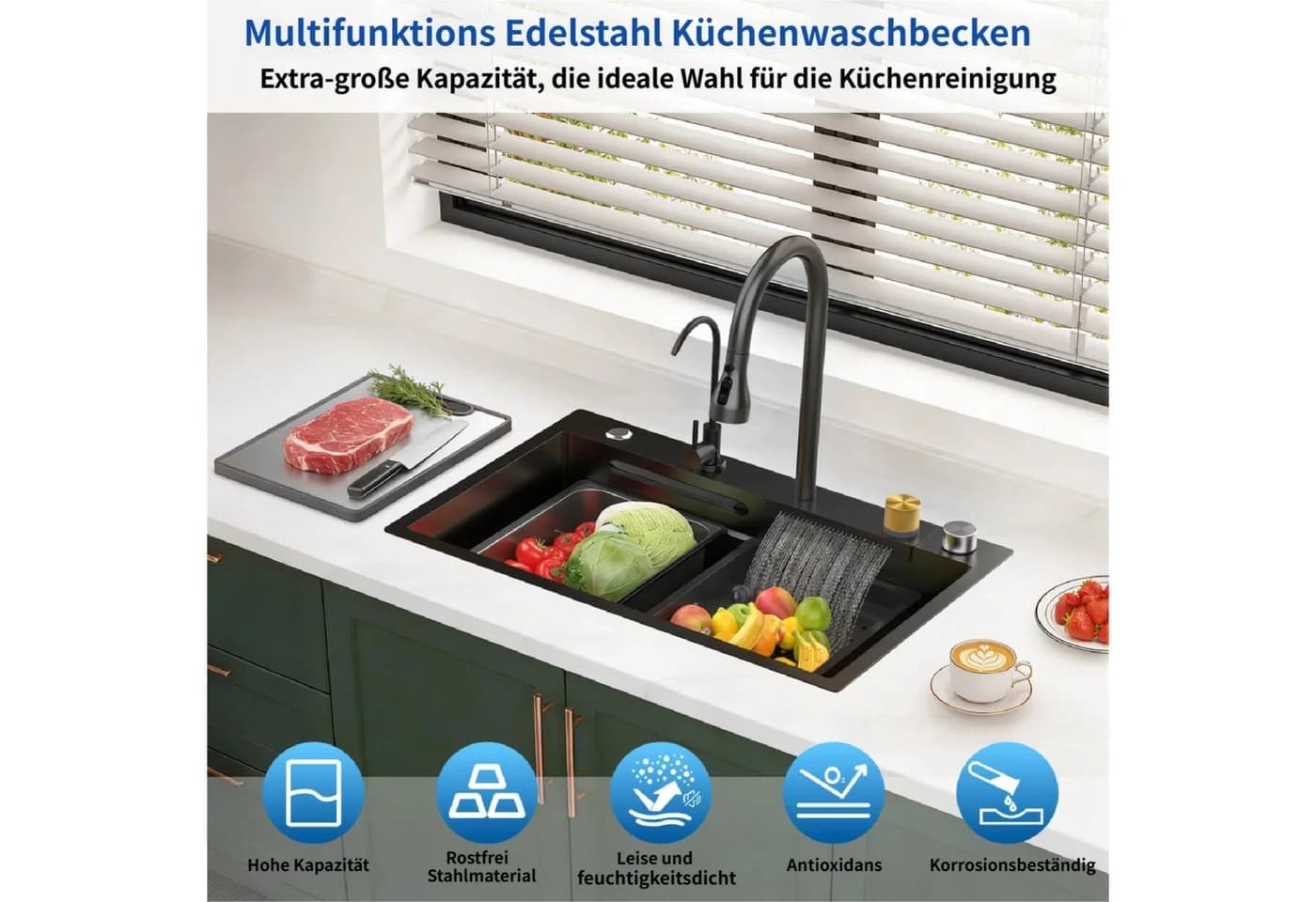 Rutaqian Küchenspüle Edelstahl Schwarz mit Wasserfallhahn und Zubehör