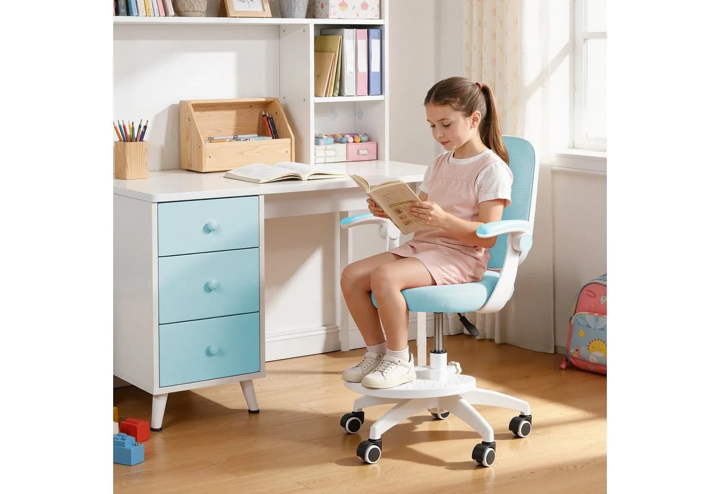 Rutaqian Kinder-Studienstuhl Blau mit verstellbarer Fußstütze und Klapparm