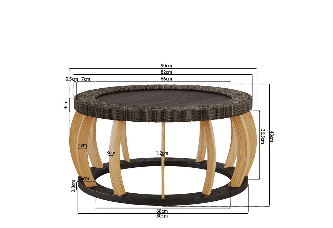 Celya Runder Couchtisch 90 cm Schwarz Massivholz Rattan Vintage