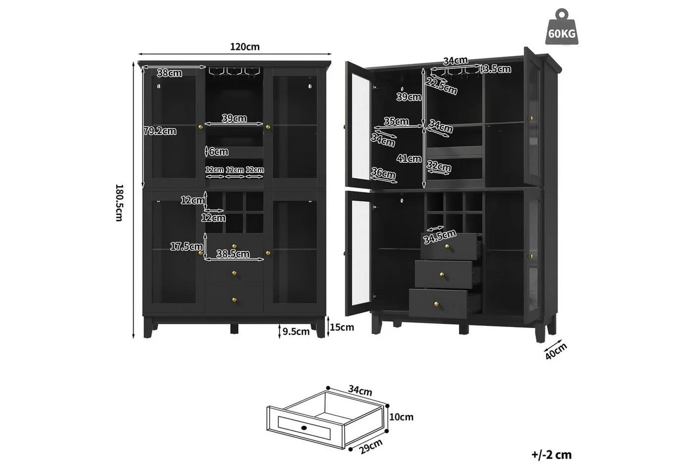 Celya Hochschrank Weinschrank Schwarz mit App-LED