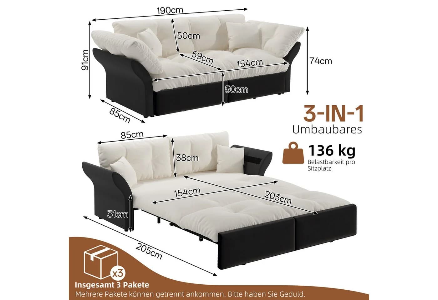 Celya Schlafsofa 3-in-1 mit Tufting & Kissen
