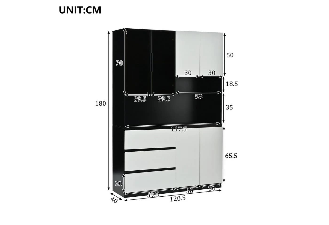 Celya Küchenbuffet mit LED-Beleuchtung, 3 Schubladen, 6 Türen, Weiß/Schwarz