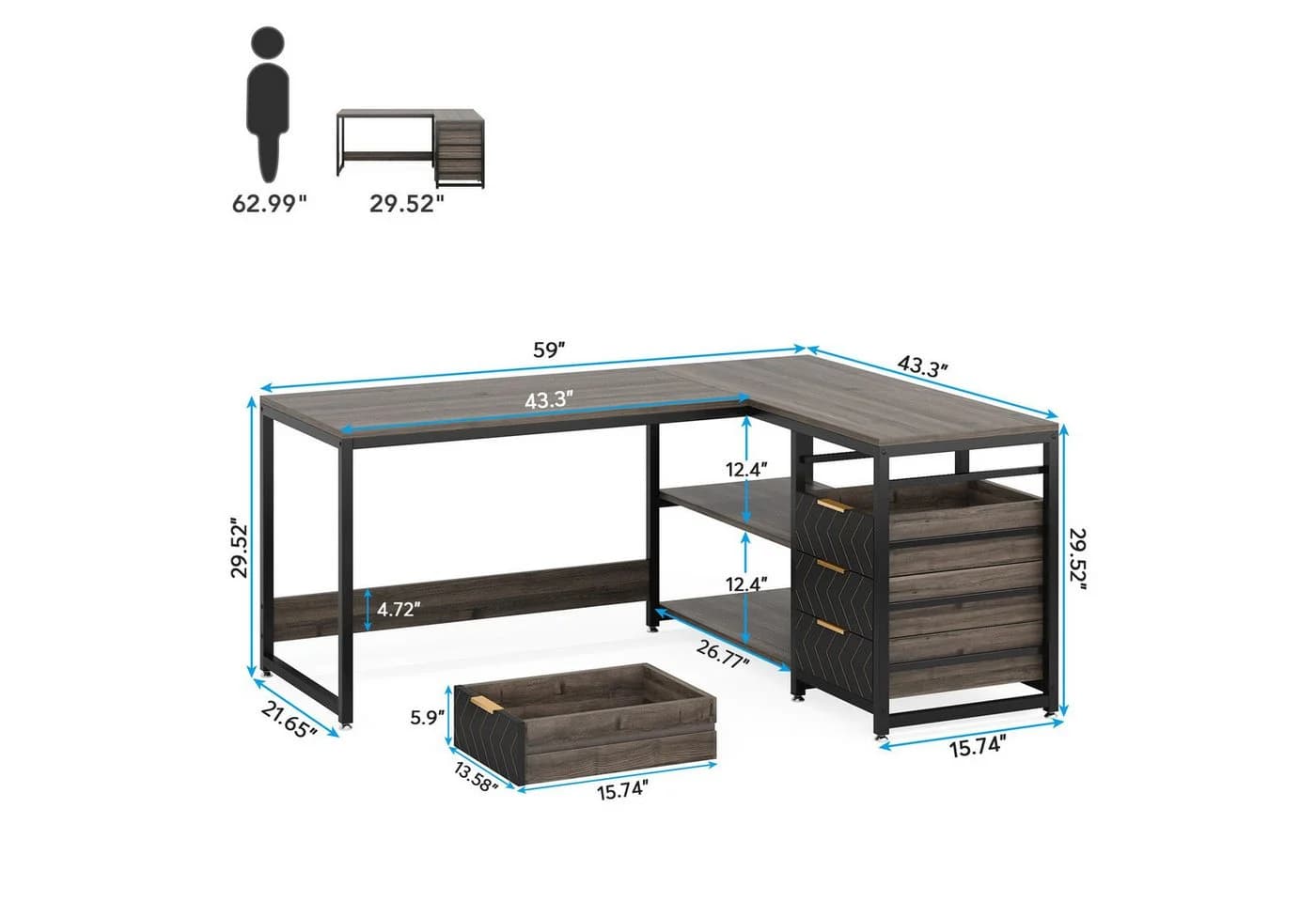 Celya Eckschreibtisch Grau mit 4 Schubladen & Regal