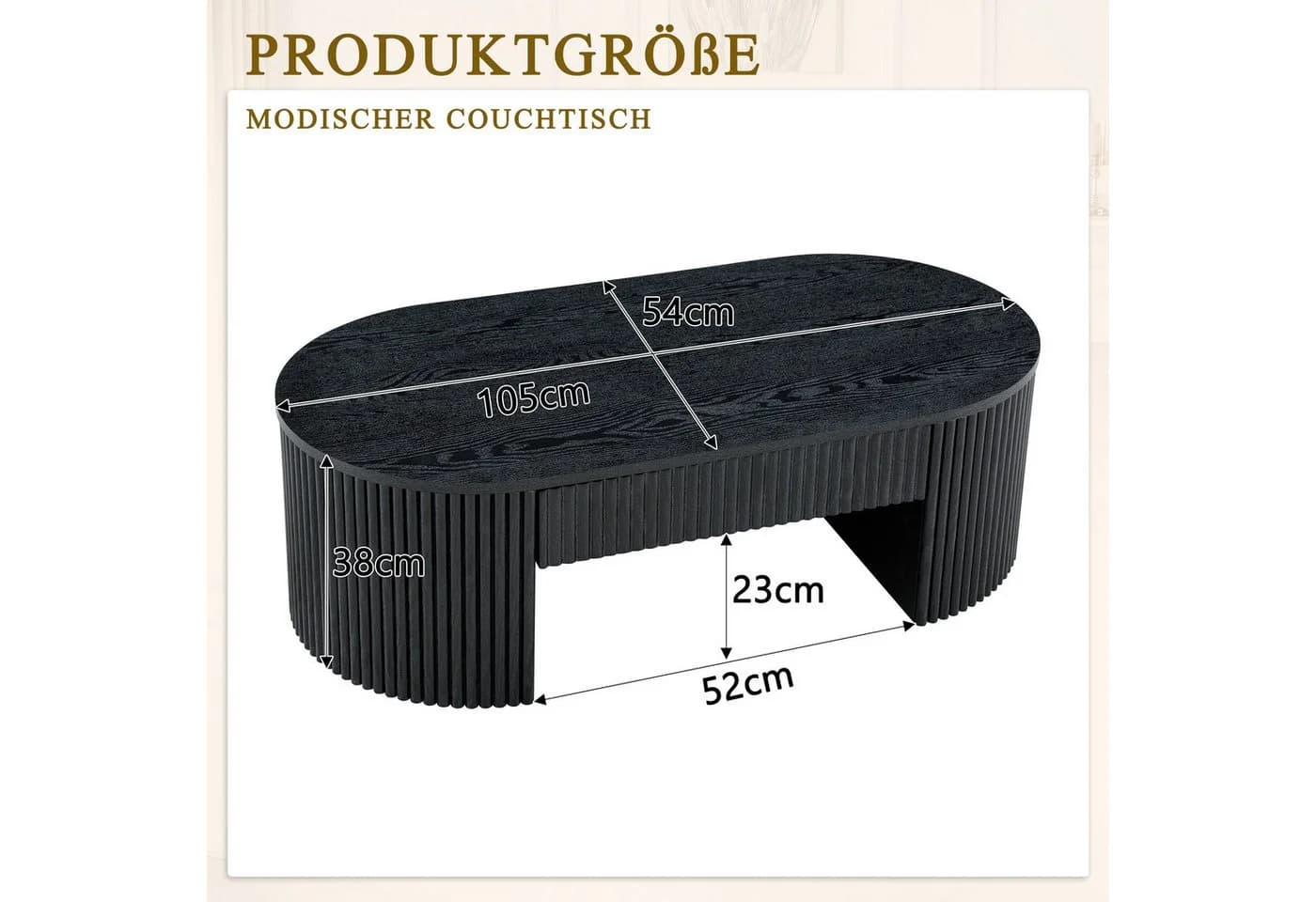 Celya Couchtisch Oval Schwarz mit Schublade und Fluted-Design