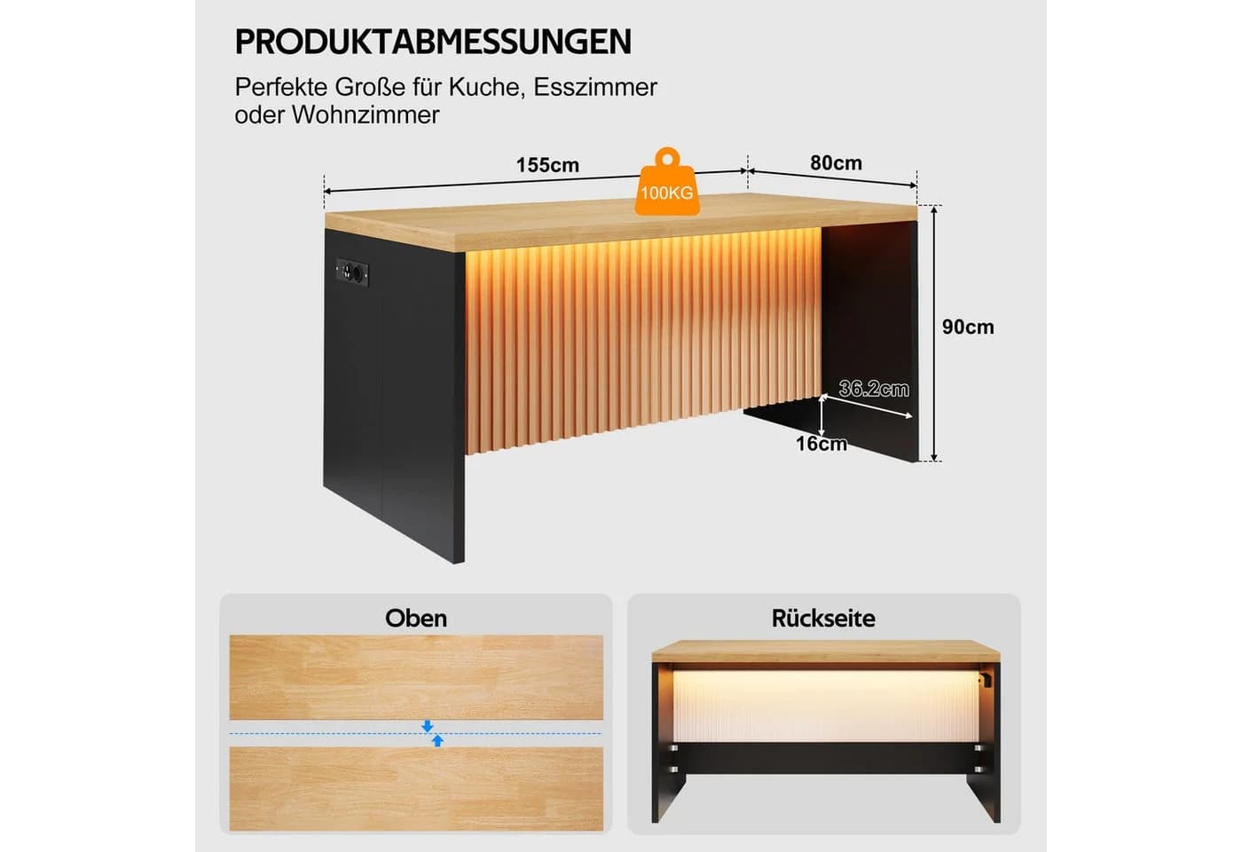 Celya Kücheninsel mit LED-Beleuchtung, 2 Steckdosen und USB, Industrie-Design