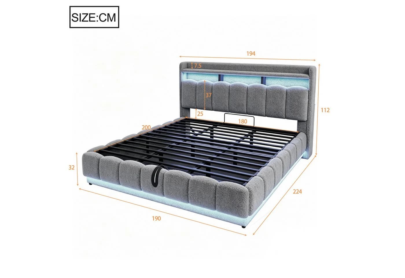Celya Polsterbett 180x200 mit LED, USB & Stauraum grau