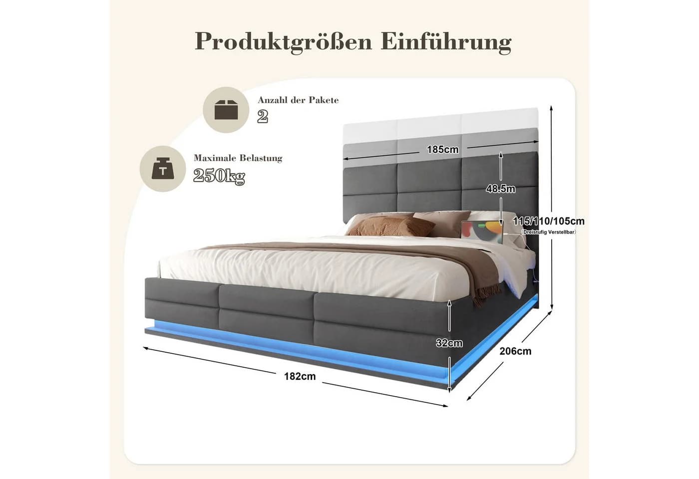 Celya Polsterbett grau mit LED-Beleuchtung, USB-Anschlüssen und Stauraum