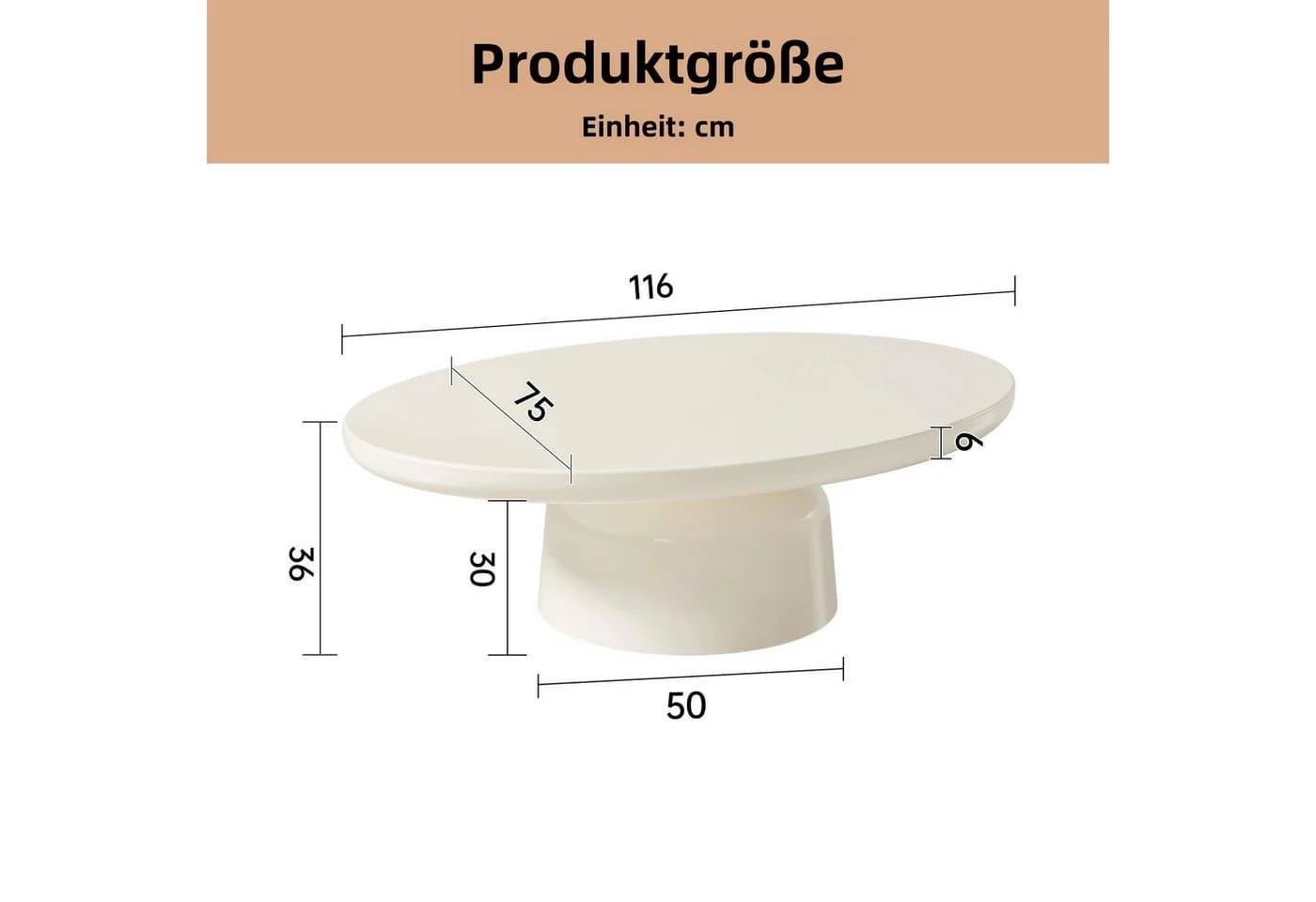 Guyii Couchtisch Oval Cremeweiß Minimalistischer Kaffeetisch