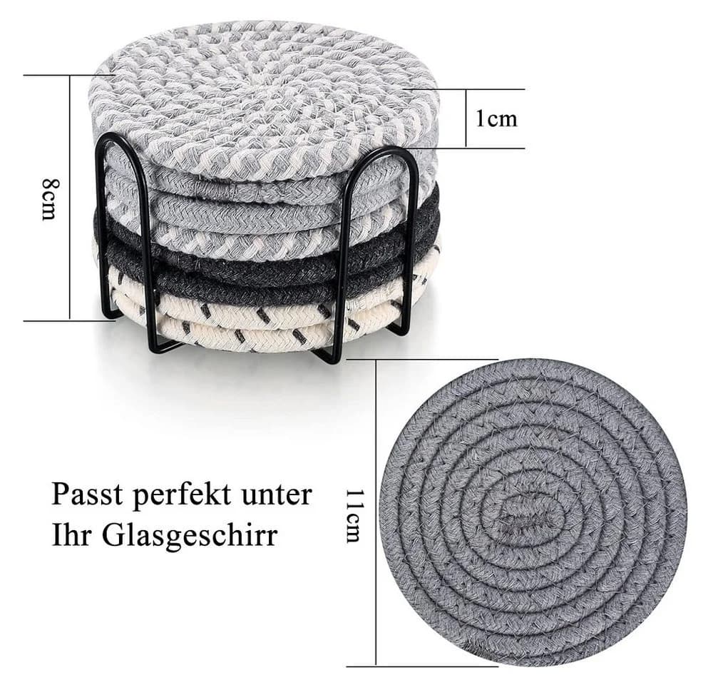 AFKSMILE Getränkeuntersetzer 8 Stück Grau/Braun Baumwolle mit Halter