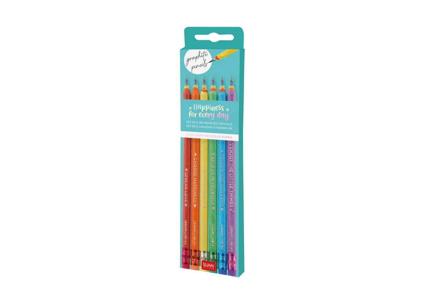 Legami Bleistift 6er-Set mit Sprüchen & Regenbogen-Späne